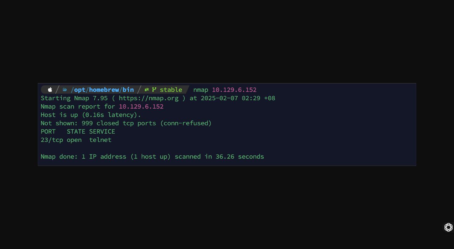 Nmap scan showing port 23/tcp open running telnet on the target host