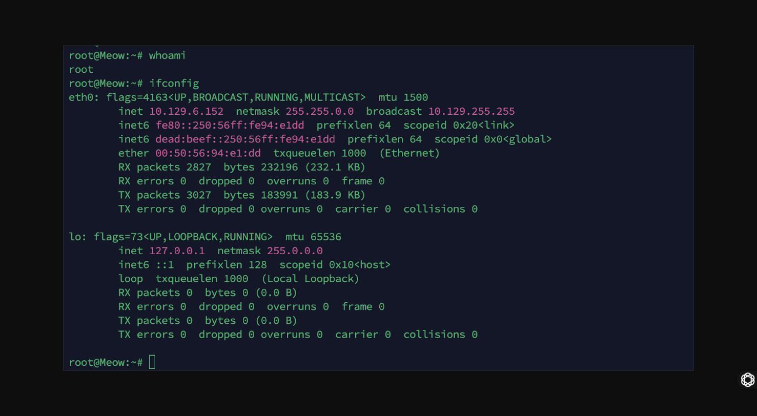 Telnet session landing directly at a root shell, confirmed via whoami and ifconfig